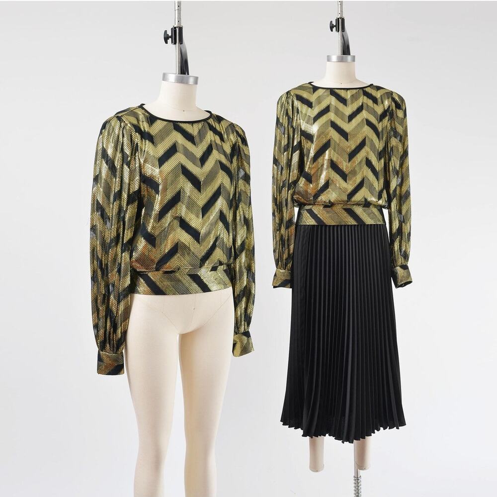 Vintage 80s Metallic Gold and Black Puff Sleeve Peplum Blouse size S M